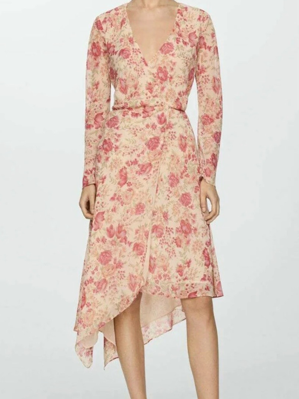 NWT Mango wrap Floral dress with asymmetrical hem Long Sleeve Cream & Dusty Rose